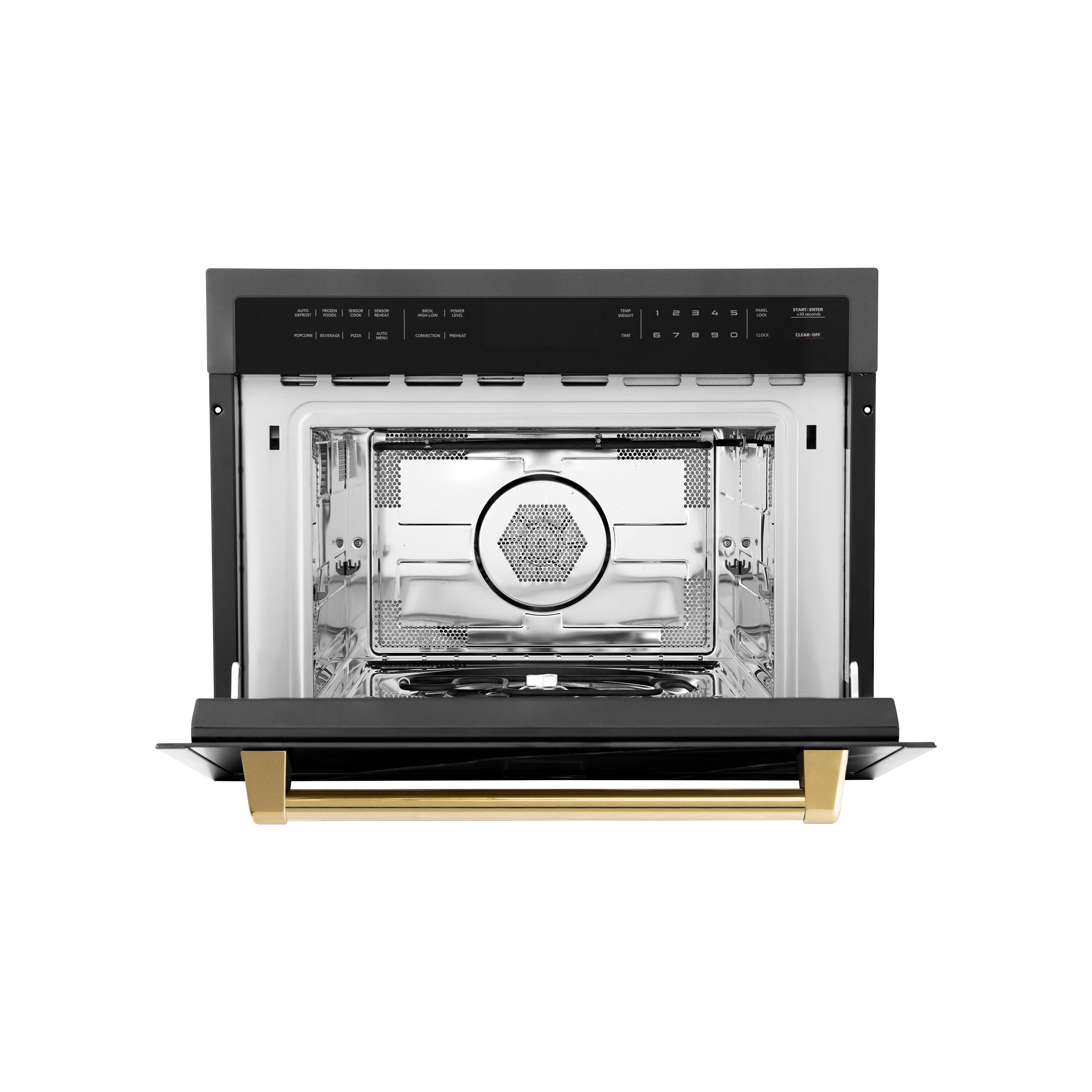 Angle. ZLINE - Autograph Edition 24" 1.6 cu ft. Built-in Convection Microwave Oven in Black Stainless Steel and Polished Gold Accents - Stainless steel.