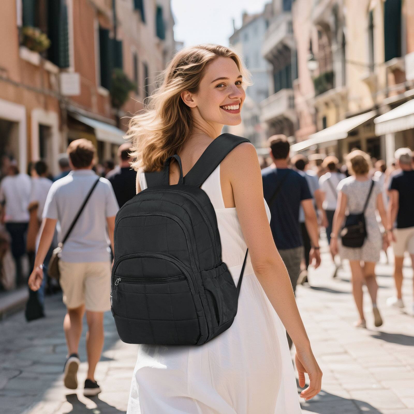 Alt View 1. Unique Bargains - Quilted Laptop Backpack for Women, Casual Work Daypack for 15.6" Laptop, Travel Bag with Luggage Strap - Black.