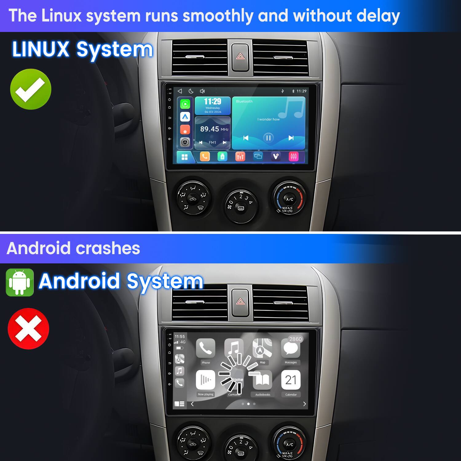 The Linux system runs smoothly and without delay  
LINUX System  
11:29  
11:29 Wednesday 04-03-2026  
Bluetooth  
I wonder how  
89.45 MHz  
FMT  
M  
m  
0  
2 & a  
A/C MAC  
Android crashes  
Android System X  
11:55 4G  
2860  
Phone  
stap  
Wassages  
Home  
21  
how paying  
Cantom  
Audebooks  
Calender  
/ 0 %  
2 3 9  
A/C SUAC