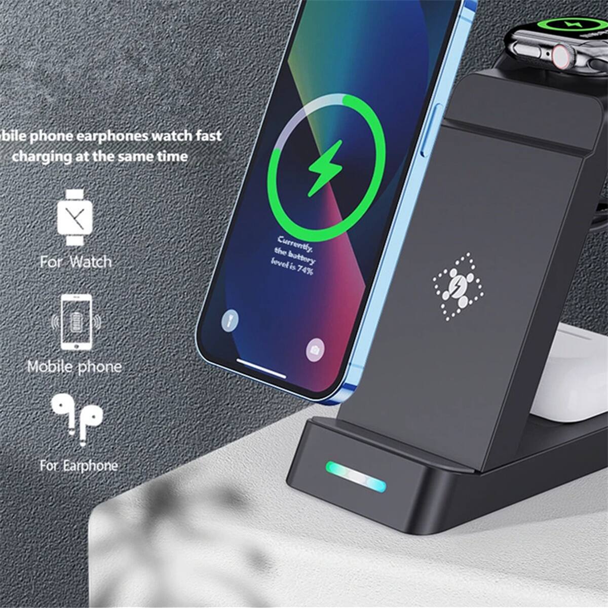 - Mobile phone earphones watch fast charging at the same time
- For Watch
- Mobile phone
- For Earphone
- Currently the battery level is 74%