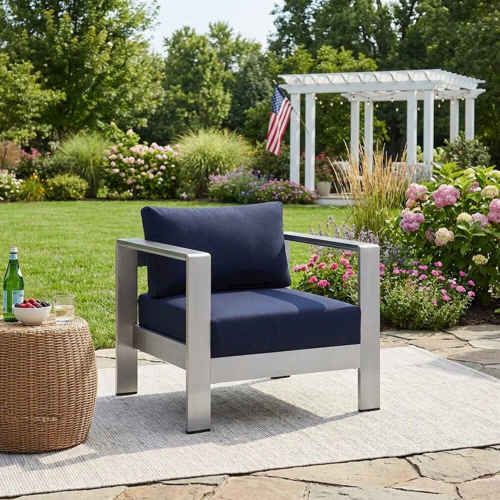 Left. Outdoor Escape - Aluminum Outdoor Patio Armchair With Fabric Cushion And Modern Design - Silver.