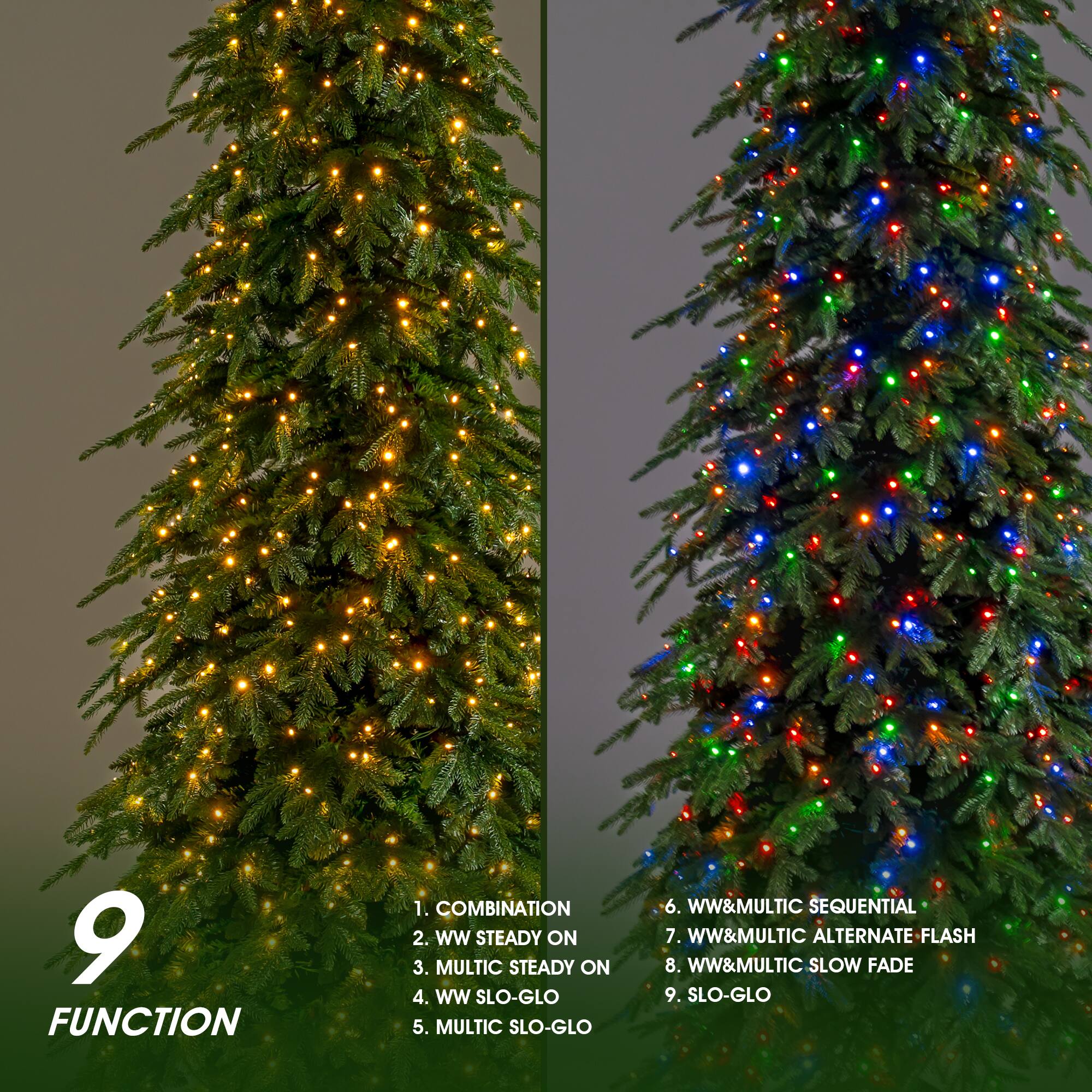 9 FUNCTION
1. COMBINATION
2. WW STEADY ON
3. MULTIC STEADY ON
4. WW SLO-GLO
5. MULTIC SLO-GLO
6. WW&MULTIC SEQUENTIAL
7. WW&MULTIC ALTERNATE FLASH
8. WW&MULTIC SLOW FADE
9. SLO-GLO