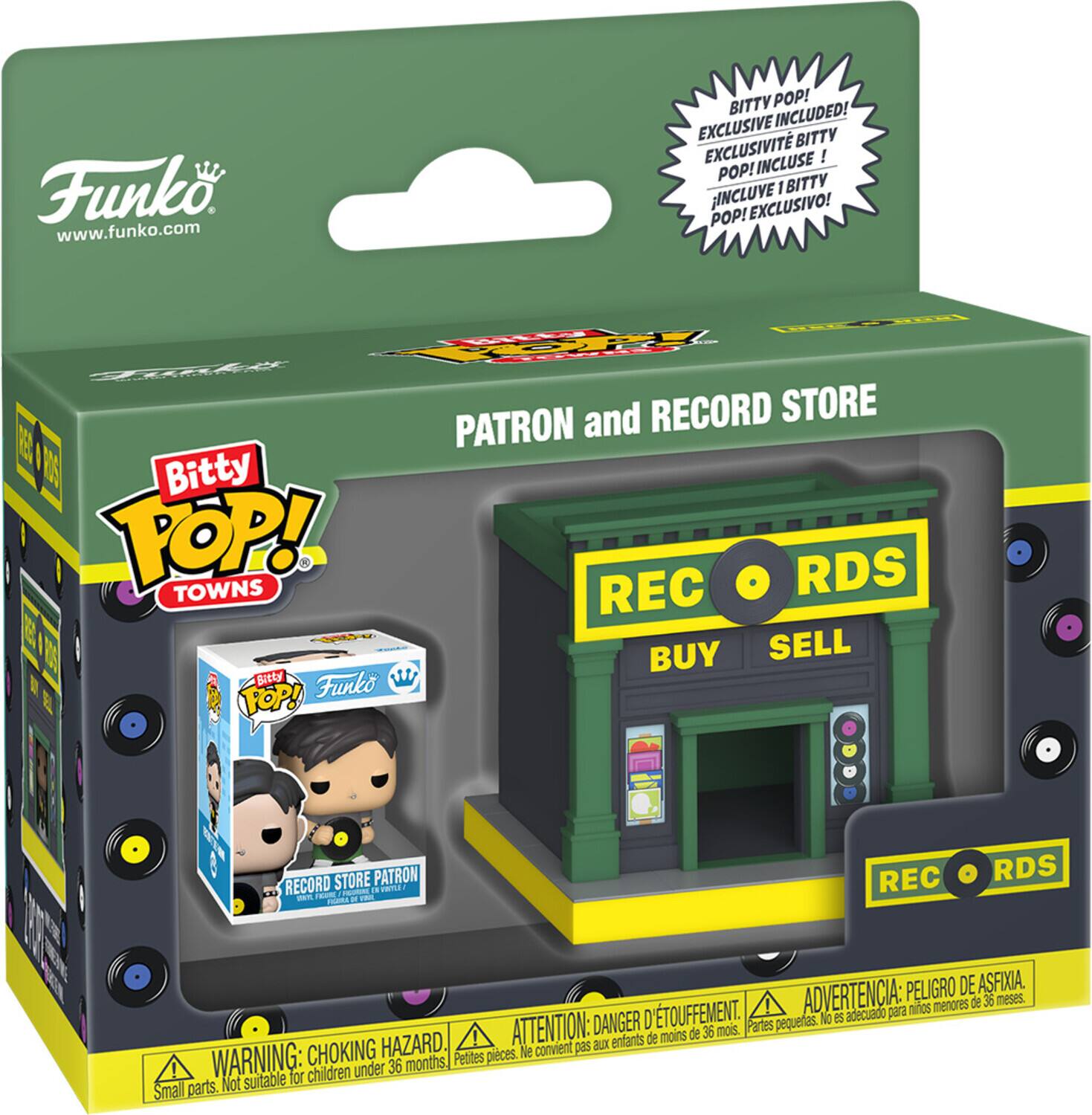 Funko  
www.funko.com  

BITTY POP!  
EXCLUSIVE INCLUDED!  
EXCLUSIVITÉ BITTY INCLUSE!  
¡INCLUYE UN BITTY POP! EXCLUSIVO!  

PATRON and RECORD STORE  

BUY SELL  

WARNING: CHOKING HAZARD - Small parts. Not suitable for children under 36 months.  
ADVERTENCIA: PEQUEÑAS PIEZAS. NO ES ADECUADO PARA NIÑOS MENORES DE 36 MESES.  
ATTENTION: DANGER D'ÉTOUFFEMENT.  
PELIGRO DE ASFIXIA.