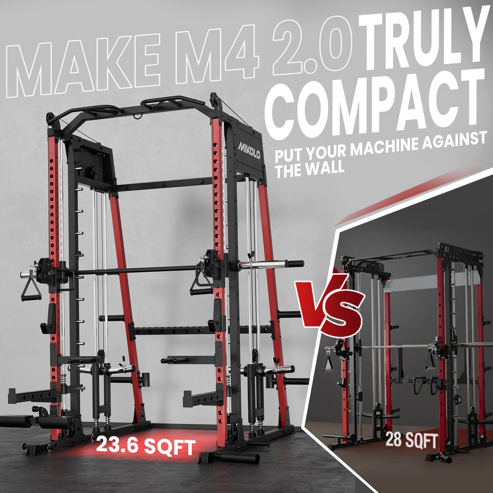 MAKE M4 2.0 TRULY COMPACT MACHINE AGAINST MIKOLO PUT YOUR MACHINE AGAINST THE WALL

VS

23.6 SQFT

28 SQFT