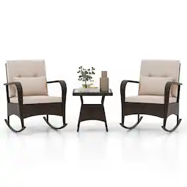 Costway - 3 PCS Rocking Bistro Set with Removable Cushions & Tempered Glass Top Table - Brown