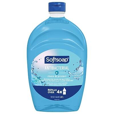 Softsoap Antibacterial  
Cool Clean & Protect  
Splash Scent  
Eliminates 99.9% of Bacteria That Can Potentially Cause Disease  
Enriched with Moisturizers  
Hand Soap Refills  
Over 4x  
1.50 fl oz (1.47L)