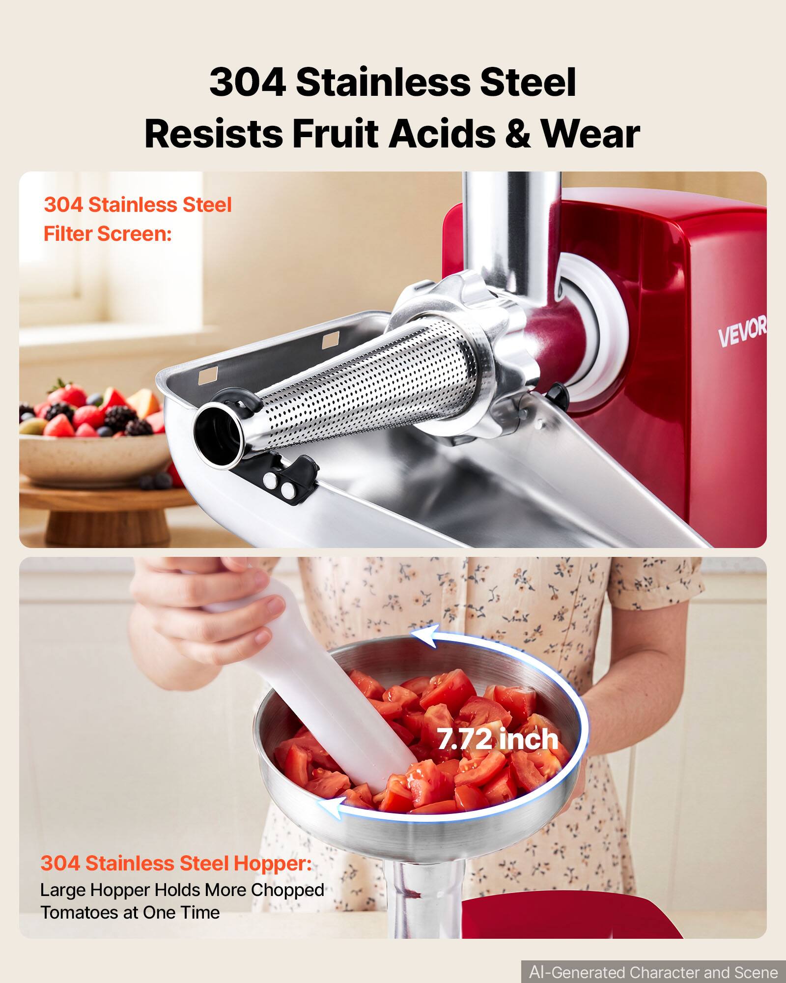 304 Stainless Steel Resists Fruit Acids & Wear

304 Stainless Steel Filter Screen:
VEVOR

7.72 inch

304 Stainless Steel Hopper: Large Hopper Holds More Chopped Tomatoes at One Time

AI-Generated Character and Scene