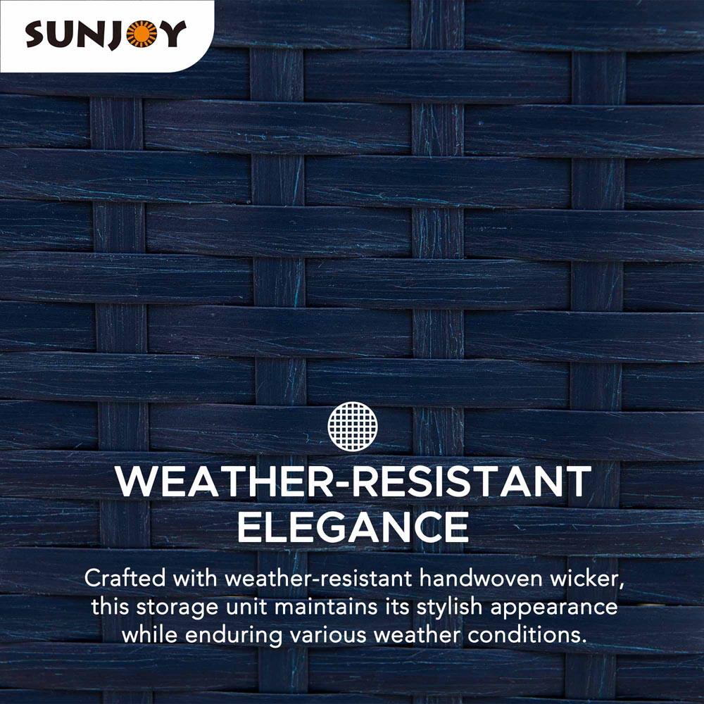 SUNJOY  
WEATHER-RESISTANT ELEGANCE  
Crafted with weather-resistant handwoven wicker, this storage unit maintains its stylish appearance while enduring various weather conditions.
