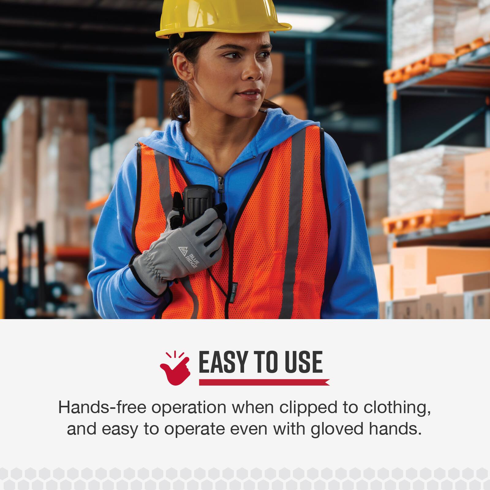 A blue easy-to-use hands-free operation when clipped to clothing, and easy to operate even with gloved hands.