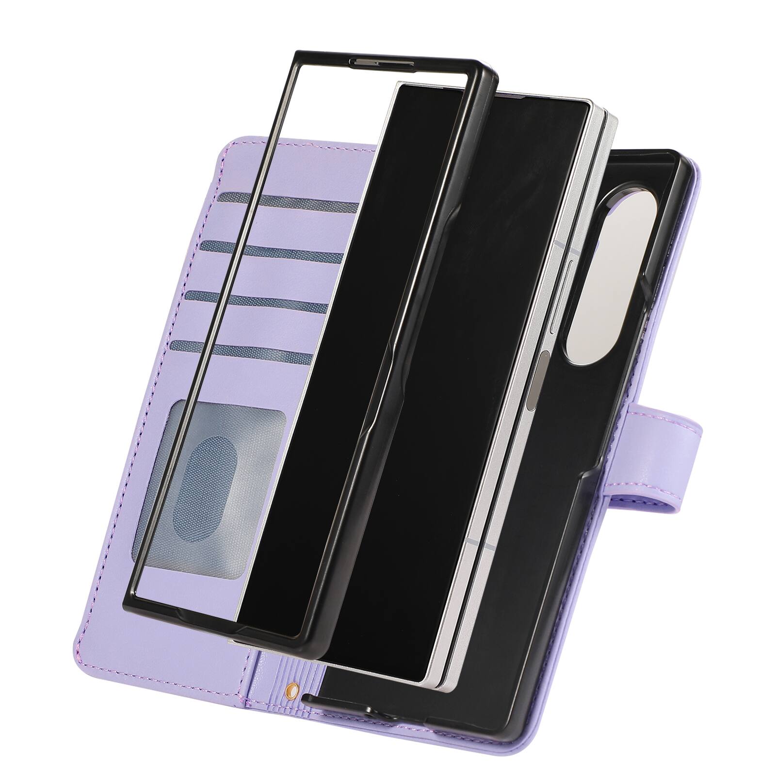 Left. Dteck - Shockproof Wallet Case for Samsung Galaxy Z Fold7 with Crossbody Strap, Zipper Pocket PU Leather TPU Folio Stand Cover - Purple.