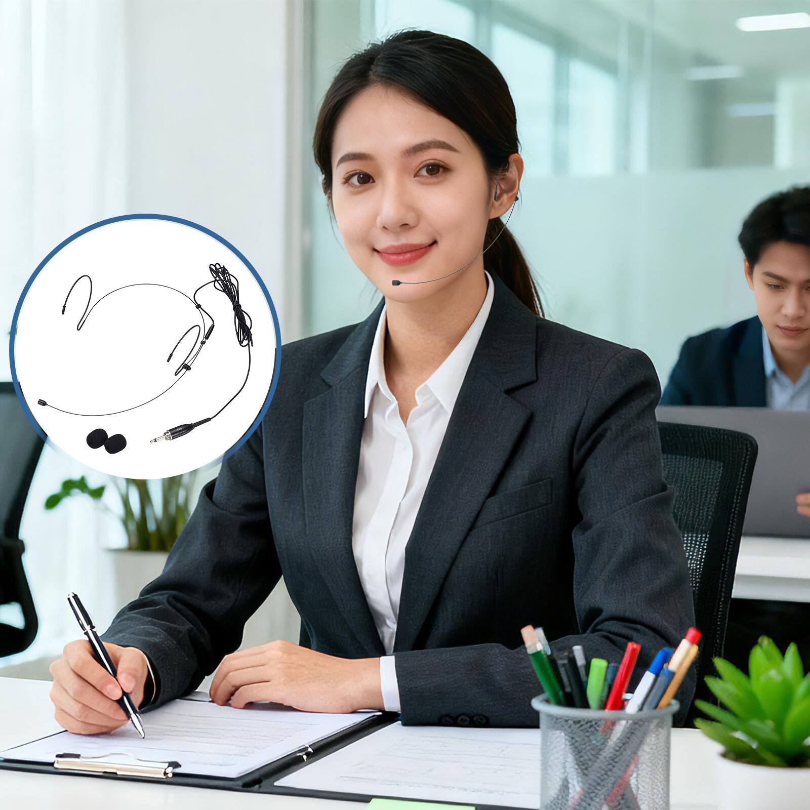 Alt View 6. Unique Bargains - Ear Hook Headset Microphone Double Over Ear Omnidirectional Wired Condenser with Mini XLR 4 Pin Screw Plug 3.9ft Cable - Beige.