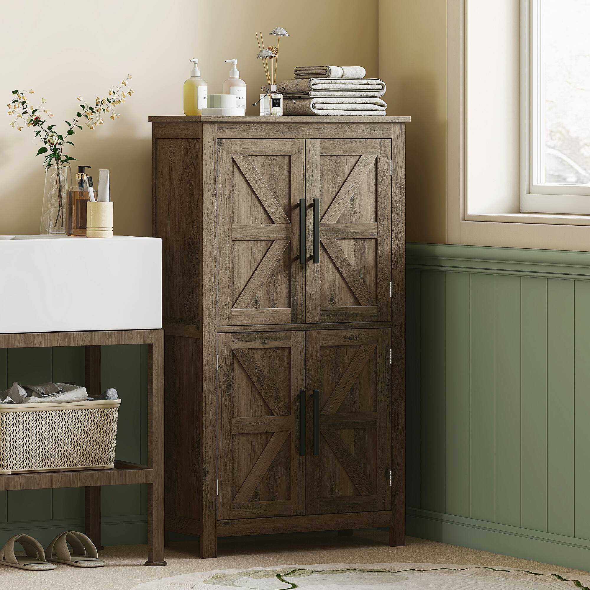 Alt View 1. Homcom - Farmhouse Bathroom Storage Cabinet with 4 Barn Doors, Bathroom Floor Cabinet with 2 Adjustable Shelf - Brown.