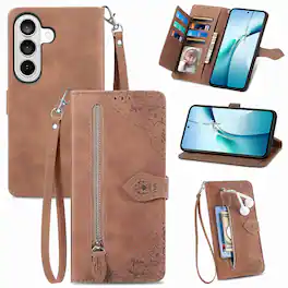 Dteck - for Samsung Galaxy S26+ Slim Wallet Case,Folio Shockproof PU Leather Card Holder Cover with Zipper Pocket & Wrist Strap - Brown