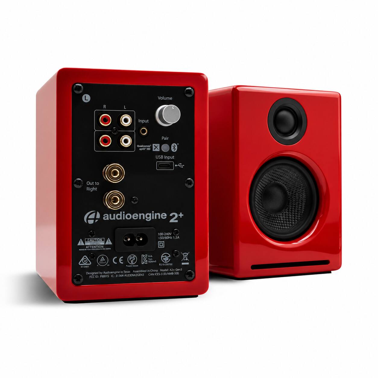 L  
Volume  
R  
L  
Input  
Pair  
Qualcomm aptX KG X  
USB Input  
Out to Right  
audioengine 2+  
CAUTION  
100-240V -50/60Hz 1.5A  
ATTENTION  
S.A. PS M- CE GLF GUEMA R210-250702  
race in China  
Model: A2+ Gen3 by Audioengine 1 Texas  
Assembled in China  
Designed CAN N KES-3(B)/NMB-3(B)  
FCC 0: PIB815 X: 31364-AUDENAZGEN3