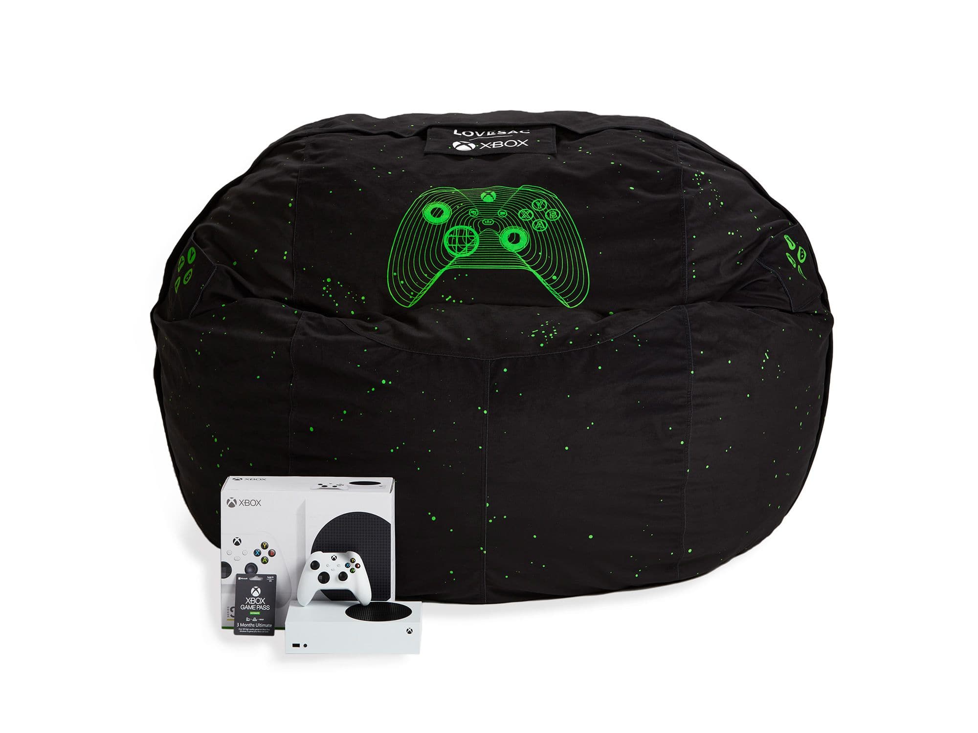 Angle. Lovesac - Xbox Bundle - XBox Series S Limited Edition Supersac 3mo Ultimate Game Pass - Black.