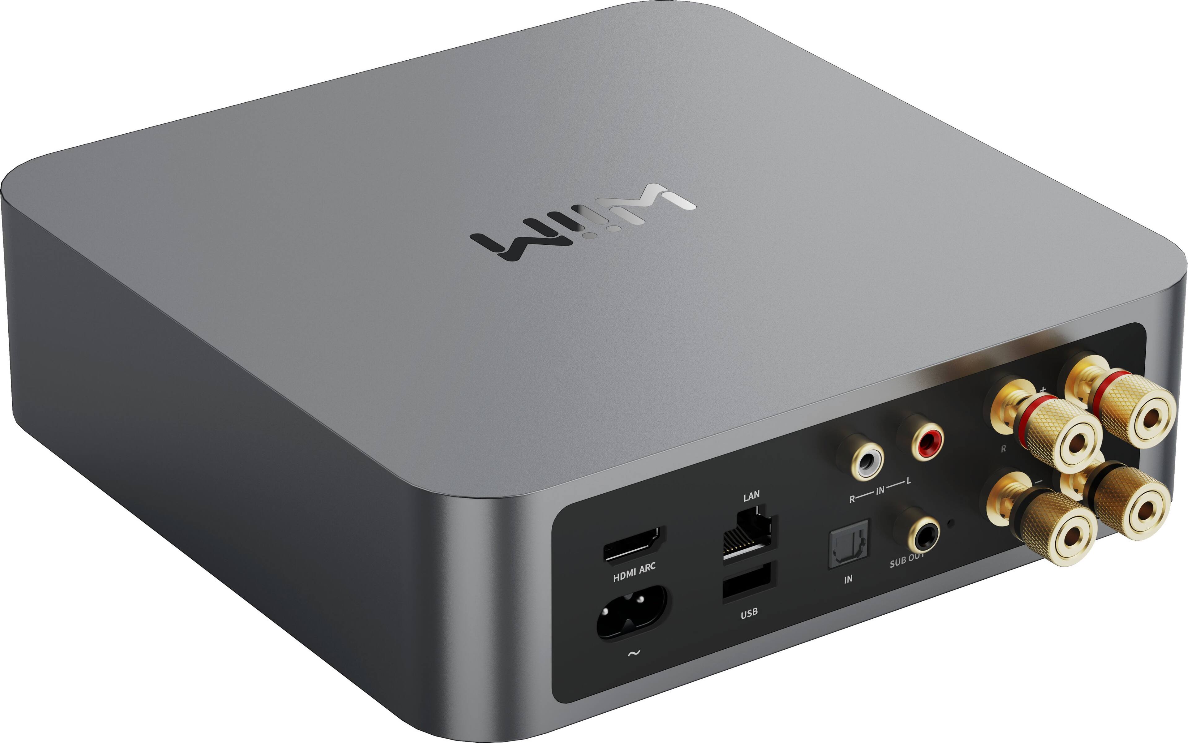 The text on the image reads "WIM W! + R LAN R IN L ARC HDMI IN OUT SUB USB." This text seems to be describing the features of a device, possibly a router, with the acronym "WIM" referring to "Wireless Internet Module." The text also mentions a "LAN" (Local Area Network), "HDMI" (High-Definition Multimedia Interface), "ARC" (Audio Return Channel), and "USB" (Universal Serial Bus).