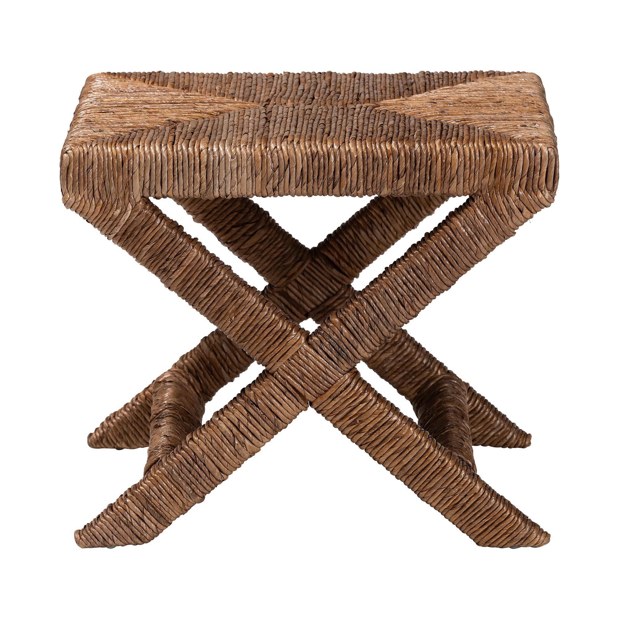 Angle. bali & pari - Alda Woven Seagrass Ottoman - Handwoven Wicker Accent Stool with X Base, Boho Coastal Seating - Natural Brown.