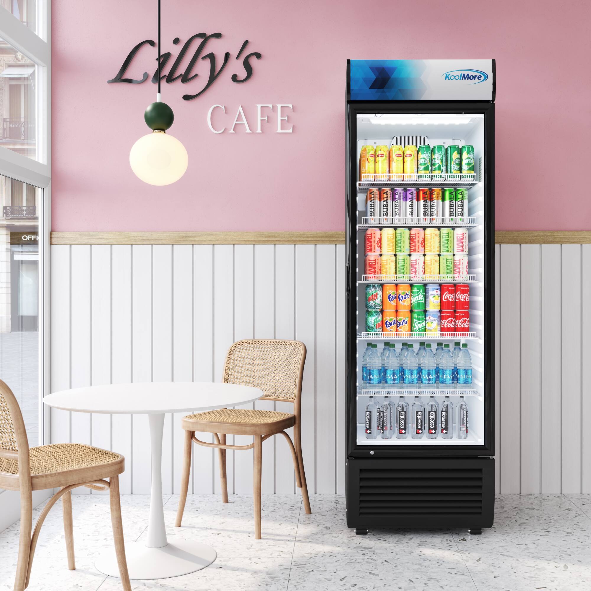 Lilly's Cafe offers a variety of drinks, including Kool-Aid, Coca-Cola, and other popular beverages. The image shows a refrigerator filled with these drinks, with a total of 13 bottles visible. The refrigerator is located in a dining area, as indicated by the presence of a dining table and chairs nearby. The cafe offers a convenient and refreshing selection of drinks for its customers.