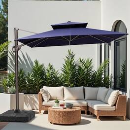 Crestlive Products - 11ft UPF50+ Aluminum Double Top Slide-tilt Cantilever Patio Umbrella with 350lbs Pull rod Wheel Base - Navy blue