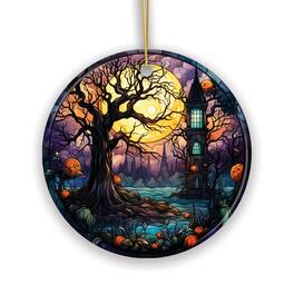 OrnamentallyYou - Spooky Tree Haunted House Stained Glass Style Ceramic Ornament Halloween Themed Christmas Gift - Multi-colored