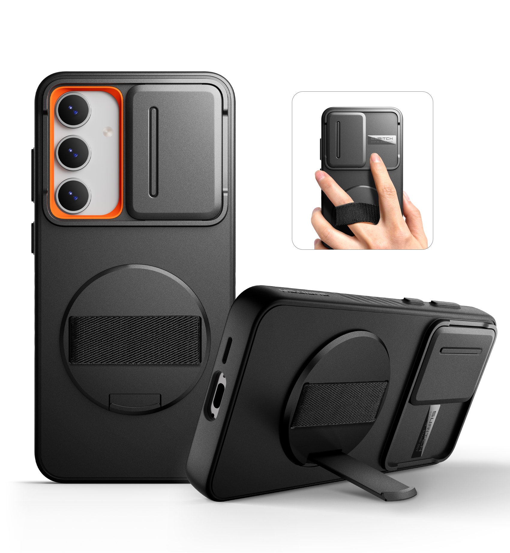 SURITCH - Case for Samsung Galaxy S24 FE with 360° Rotatable Hand Strap, Invisible Kickstand,Slide Camera Cover, Rugged Shockproof - Black