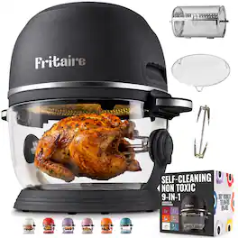 Fritaire - Non-Toxic Air Fryer - Glass Air Fryer, 5qt, Teflon-Free, PFOA- Free, w/ Accessories - Rotisserie and Tumbling Basket - Midnight Black