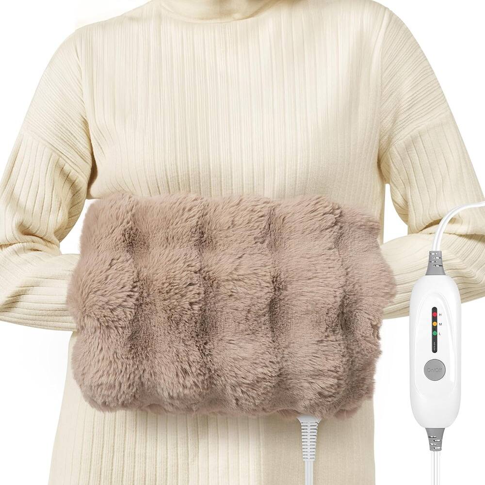 Front. MOSZAR LLC - Double-Sided Heating Pad for Hands, Faux Fur Electric Warmer, 3 Heat Levels, Auto Off, Brown.