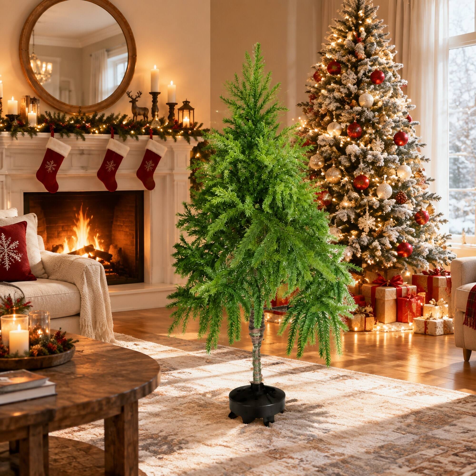 Angle. RYHNUYNE - 4FT Norfolk Pine Christmas Tree Set of 2 With 133 Molded Tips and Pot Base - Green.