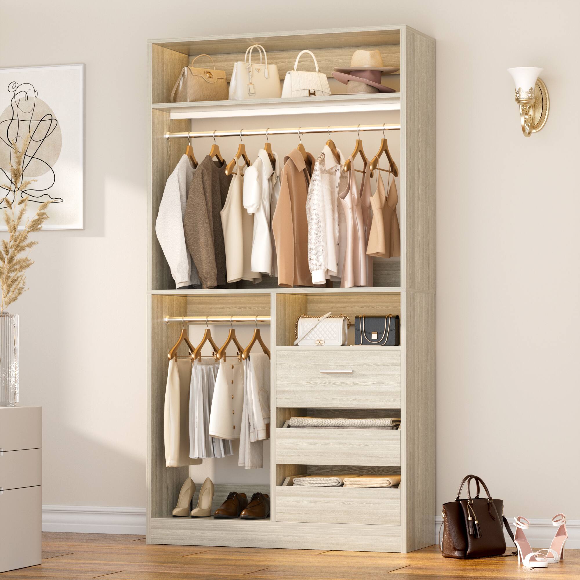 Angle. Aheaplus - 36" Freestanding Closet Organizer with 3 Drawers, 2 Hanging Rods & Shoe Storage - White Oak.