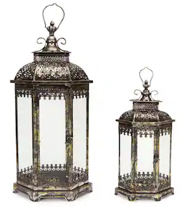 Melrose - Set of 2 Antique Style Pewter Decorative Glass Pillar Candle Lanterns 34" - Gray