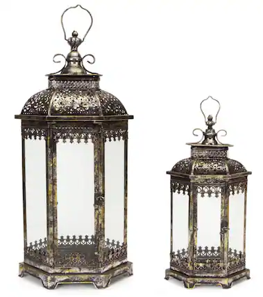 Front. Melrose - Set of 2 Antique Style Pewter Gray Decorative Glass Pillar Candle Lanterns 34" - Gray.