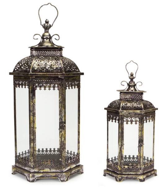 Front. Melrose - Set of 2 Antique Style Pewter Gray Decorative Glass Pillar Candle Lanterns 34" - Gray.
