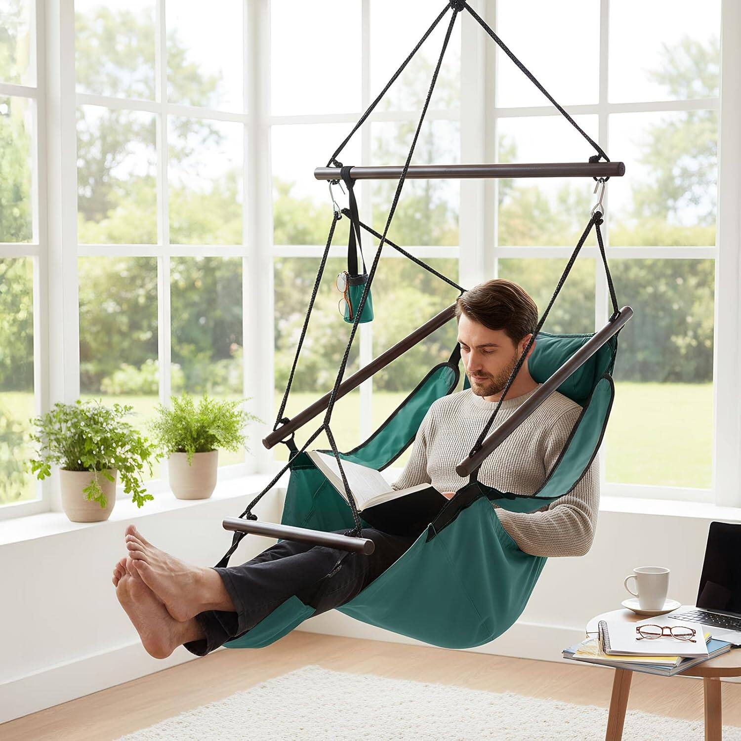 Alt View 5. Winado - 5FT Hammock Hanging Sky Chair, Air Deluxe Swing Seat with Cup Holder, Wooden Stick, Chain for Indoor Outdoor Garden - Green.