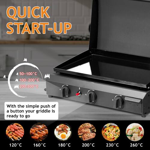 QUICK START-UP

50-100°C  
100-200°C  
200-300°C

With the simple push of a button your griddle is ready to go

120°C  
160°C  
180°C  
200°C  
230°C  
260°C