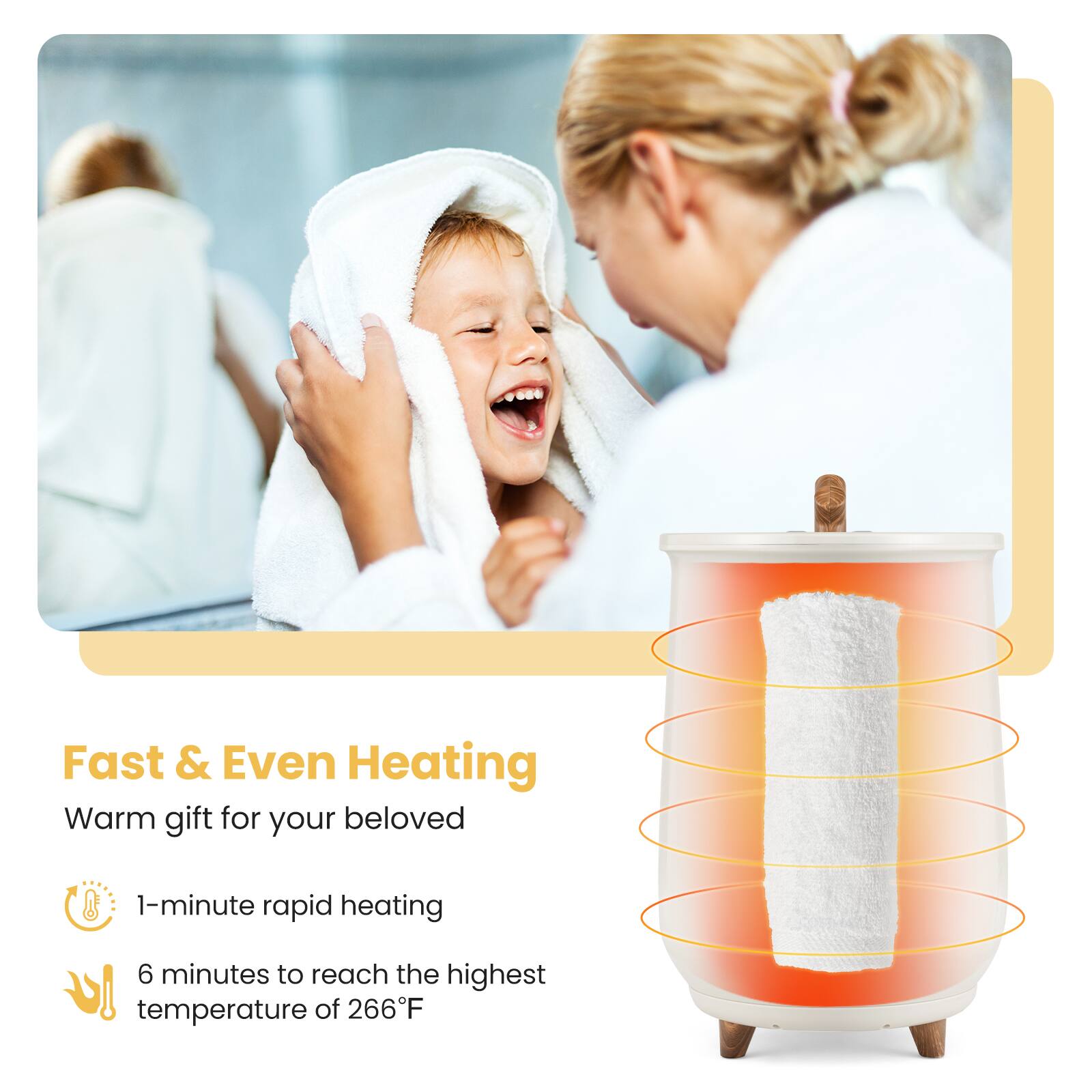 Fast & Even Heating: Warm gift for your beloved. 1-minute rapid heating. 6 minutes to reach the highest temperature of 266°F.