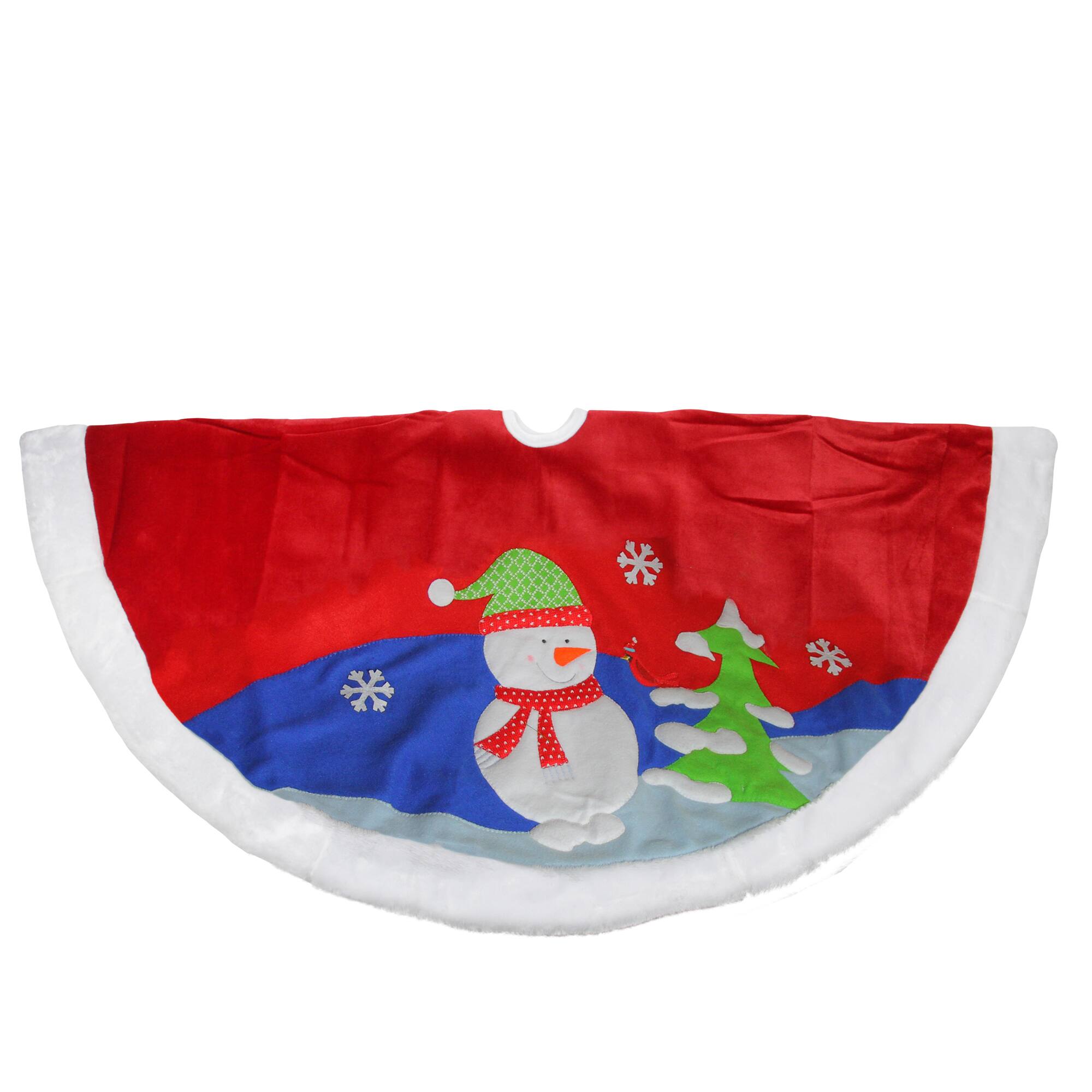 Front. Dyno - 48" Red Fleece Christmas Snowman Winter Tree Skirt with White Faux Fur Trim - Red.