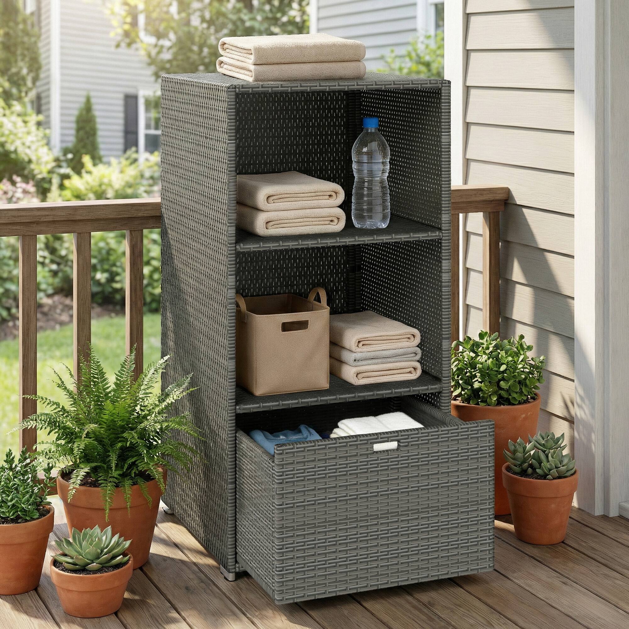 Alt View 1. Outsunny - Pool Towel Rack, Water-Resistant PE Plastic Rattan Wicker Storage Organizer, 2 Shelves, 1 Basket Drawer - Dark Gray.
