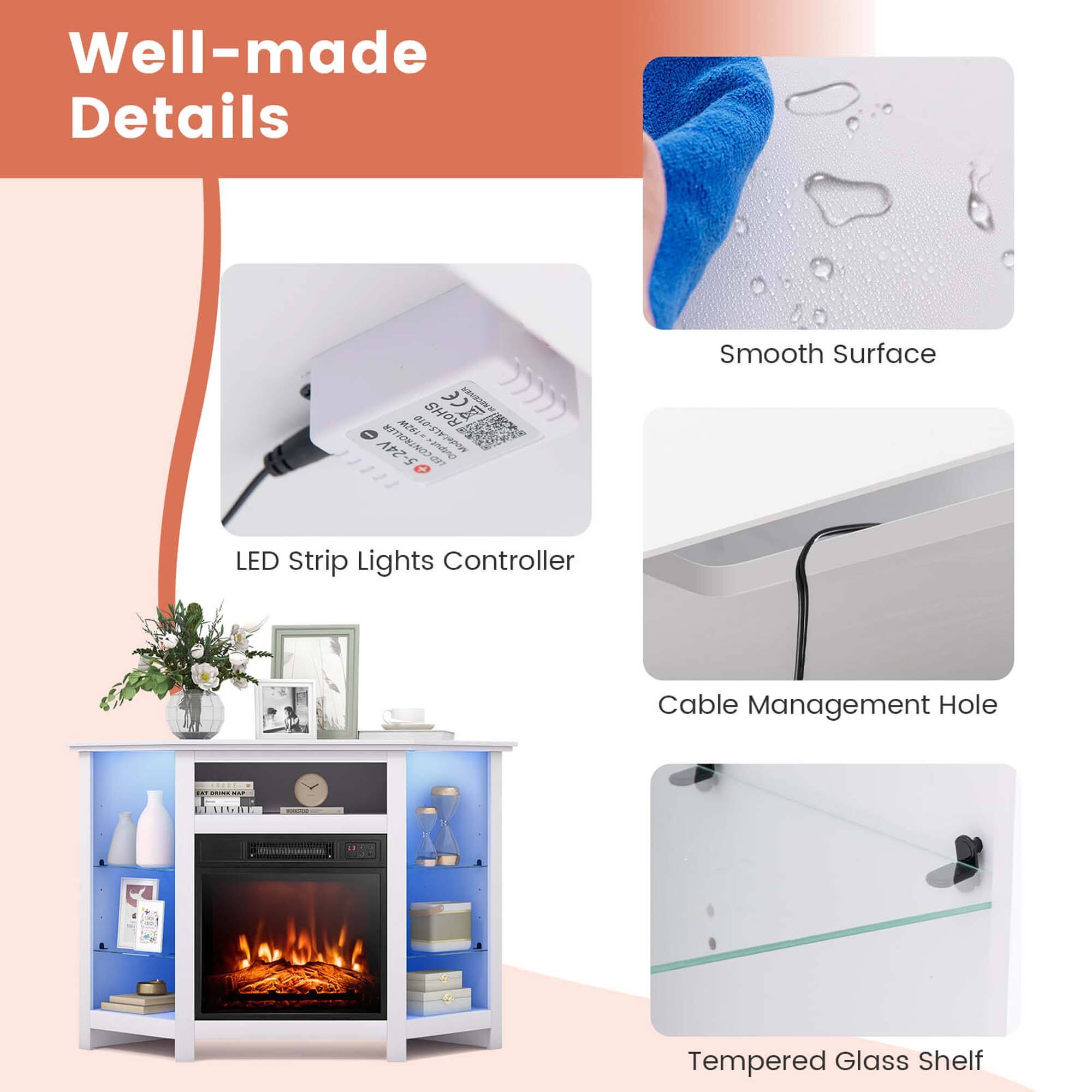 Well-made Details

- LED Strip Lights Controller
- Smooth Surface
- Cable Management Hole
- Tempered Glass Shelf