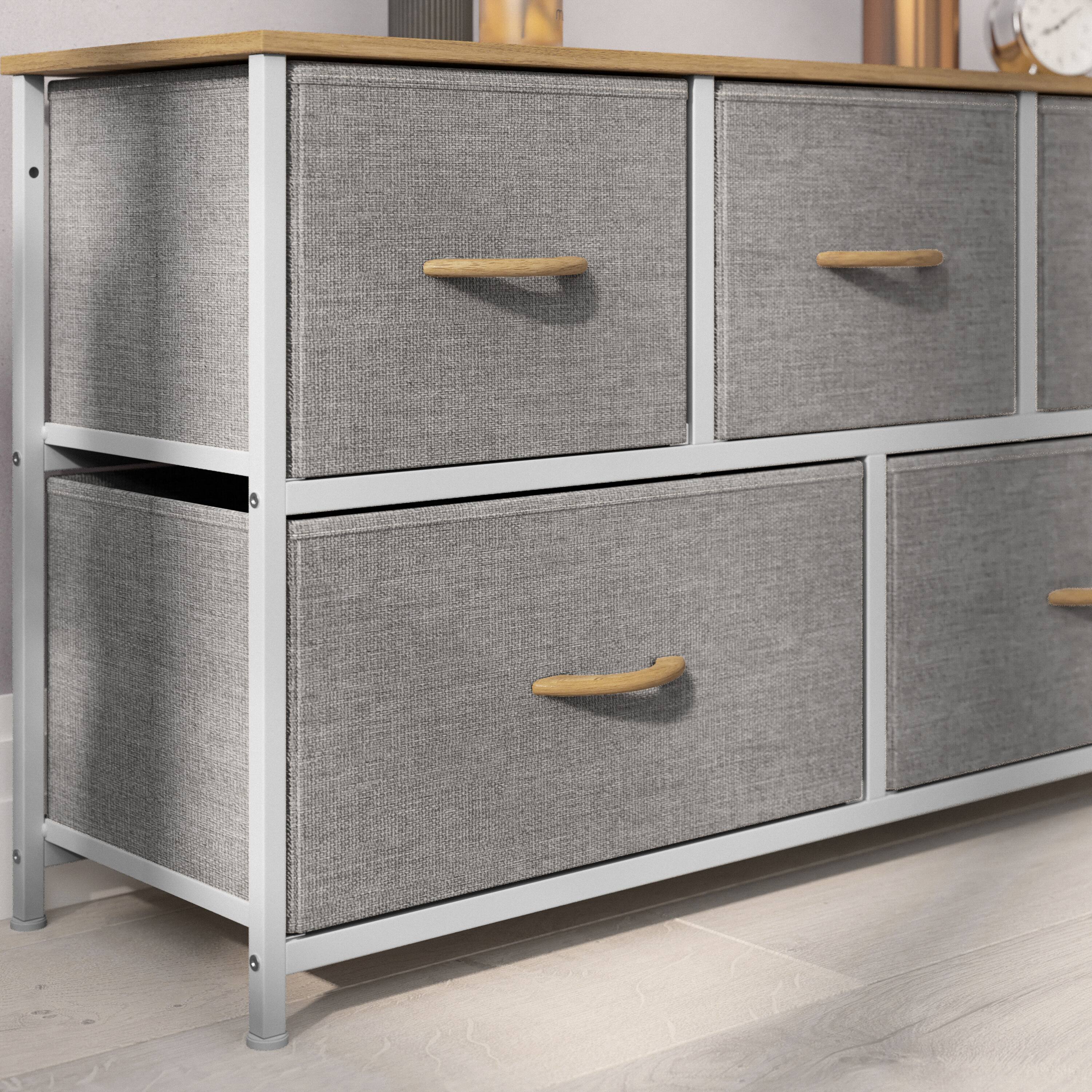 Alt View 4. Emma + Oliver - Marley 5 Drawer Storage Dresser with Cast Iron Frame, Wood Top and Easy Pull Fabric Drawers with Wooden Handles - Beige Drawers/White Frame.