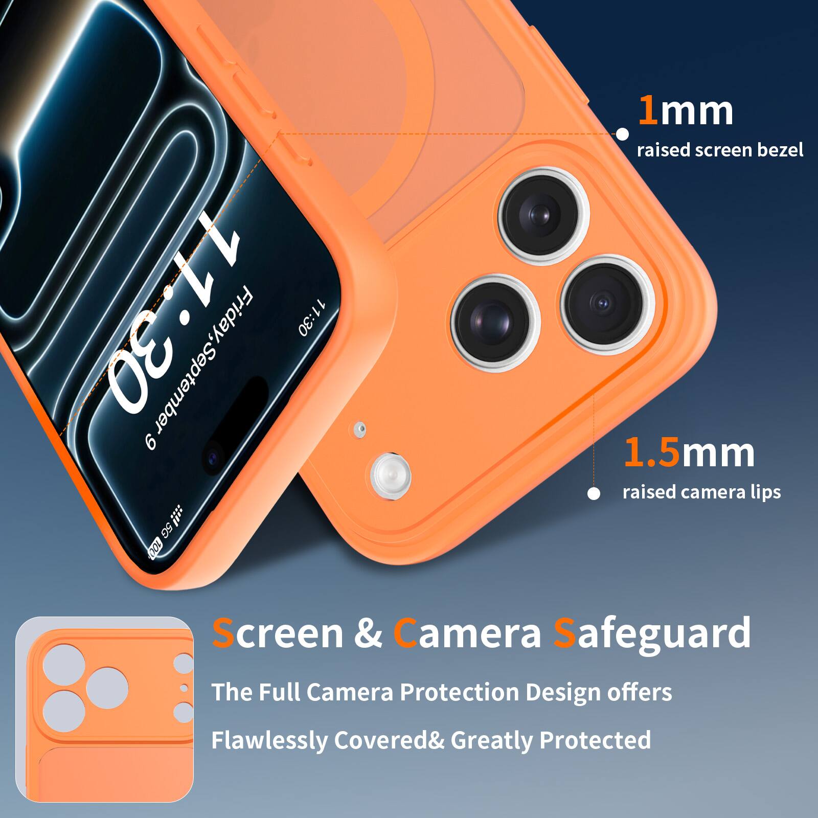 1mm raised screen bezel  
11:30 Friday, 11:30  
11 9 September  
1.5mm raised camera lips  
5G !!!  
100 Screen & Camera Safeguard  
The Full Camera Protection Design offers Flawlessly Covered & Greatly Protected