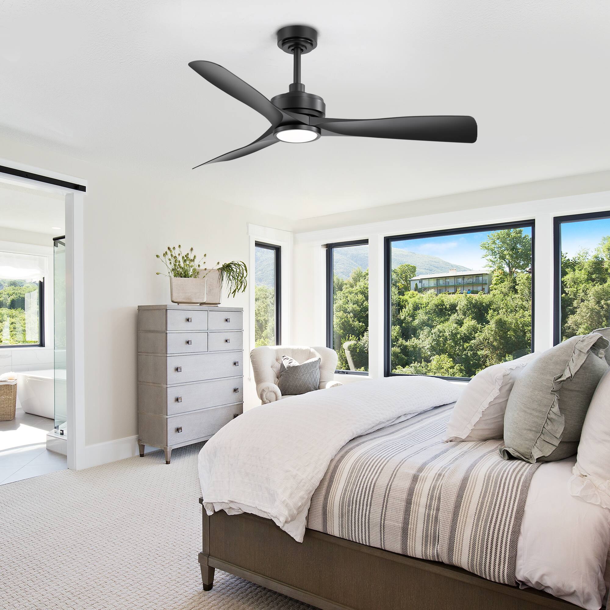 Back. Breezary - 52-Inch Ceiling Fan with LED Light, 3 ABS Blades, DC Motor 120V 37W, IP34 Waterproof, Includes 5 & 10 Inch Downrods - black.