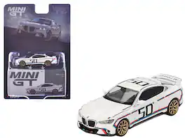 BMW 3.0 CSL #50 White with Blue and Red Stripes and Gold Wheels Limited Edition 1/64 Diecast Model Car by Mini GT - White, Blue, Red, Gold