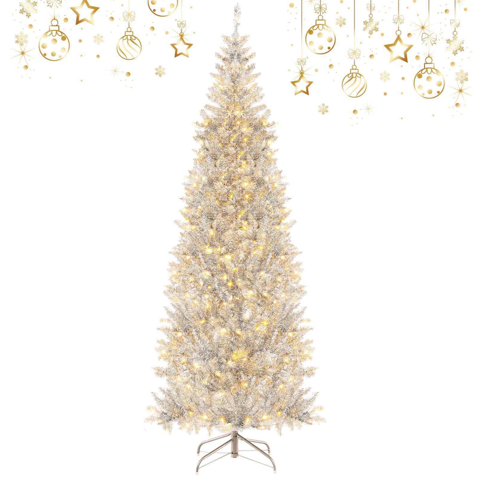 Costway - 7FT Pre-lit Artificial Tinsel Xmas Tree with 1030 Branch Tips 400 LED Lights - Silver