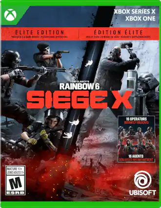 XBOX SERIES X XBOX ONE ELITE EDITION INCLUDES ALL GAME MODES 16 ADDITIONAL OPERATORS EDITION ELITE INCLUT TOUS LES MODES DE JEUX 16 AGENTS SUPPLÉMENTAIRES TOM CLANCY'S RAINBOW 6 SIEGE X 16 OPERATORS INSTANTLY UNLOCKED 16 AGENTS DÉBLOUS INSTANTANMENT MATURE 17+ JEUNES ADULTES 17+ M ESRB UBISOFT - M (Mature 17+)
