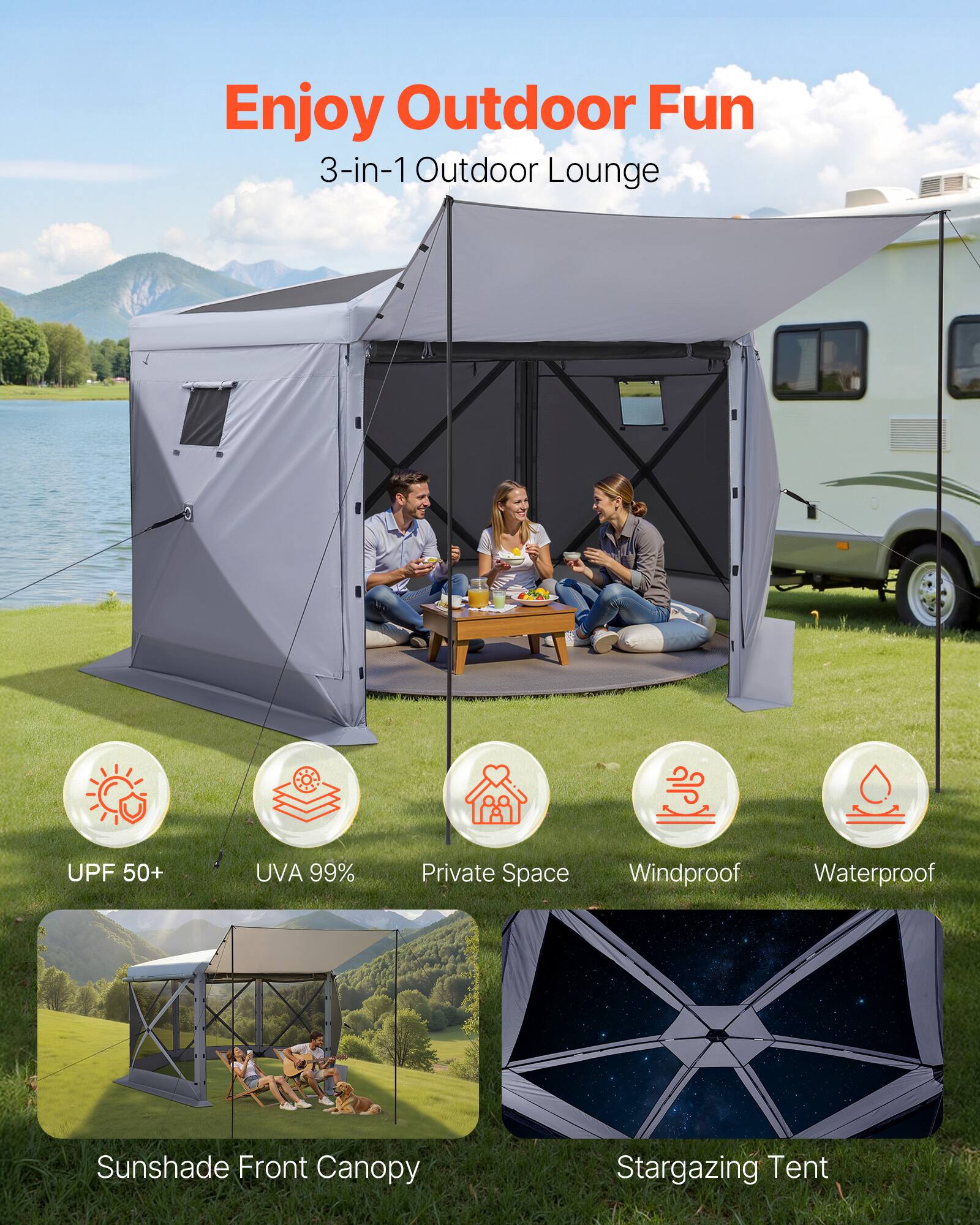 Enjoy Outdoor Fun  
3-in-1 Outdoor Lounge  

- UPF 50+  
- UVA 99%  
- Private Space  
- Windproof  
- Waterproof  
- Sunshade Front Canopy  
- Stargazing Tent
