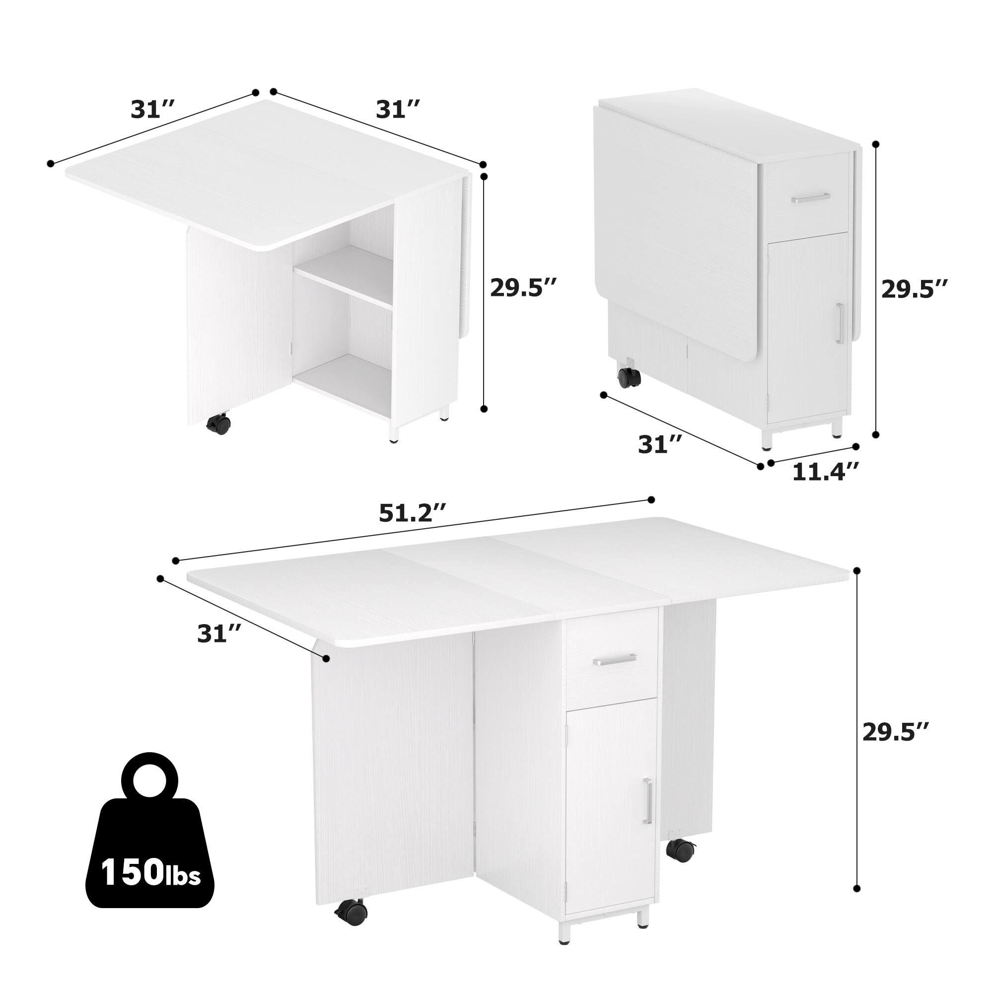 31" x 31" x 29.5"  
51.2" x 31" x 11.4"  
150 lbs