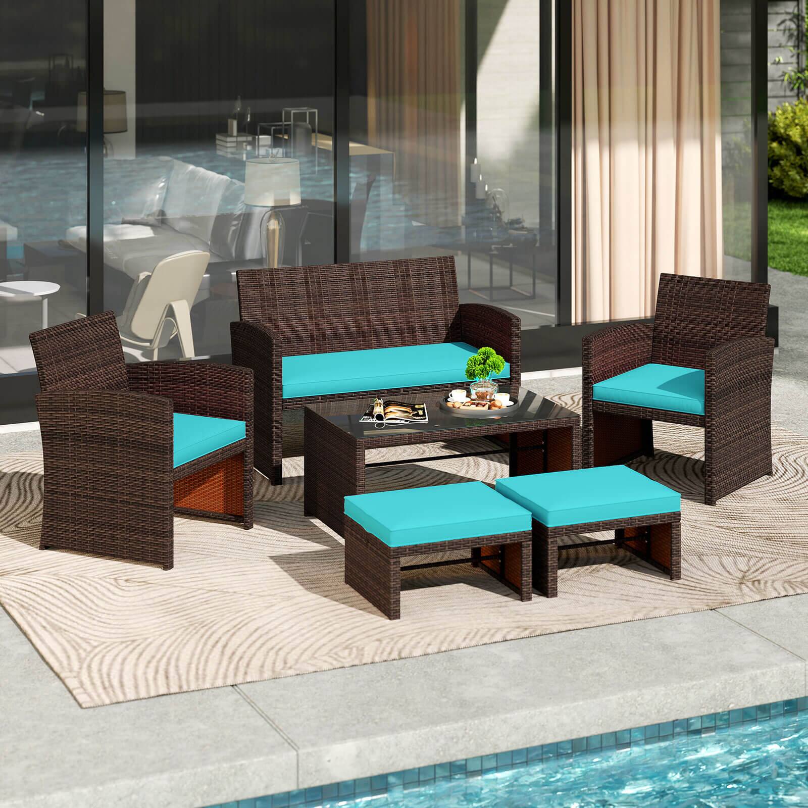 Alt View 4. Gymax - Gymax 6 PCS Patio Furniture Set w/ 1 Loveseat 1 Coffee Table 2 Armchairs 2 Ottomans Turquoise - Mix Brown, Turquoise.