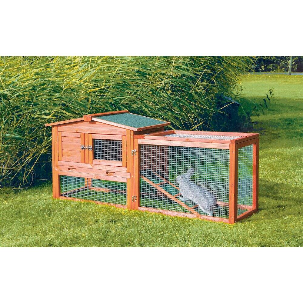 Angle. TRIXIE - Weatherproof Outdoor 2-Story Wooden Small Animal Hutch, Run & Pull-Out Tray - Brown.