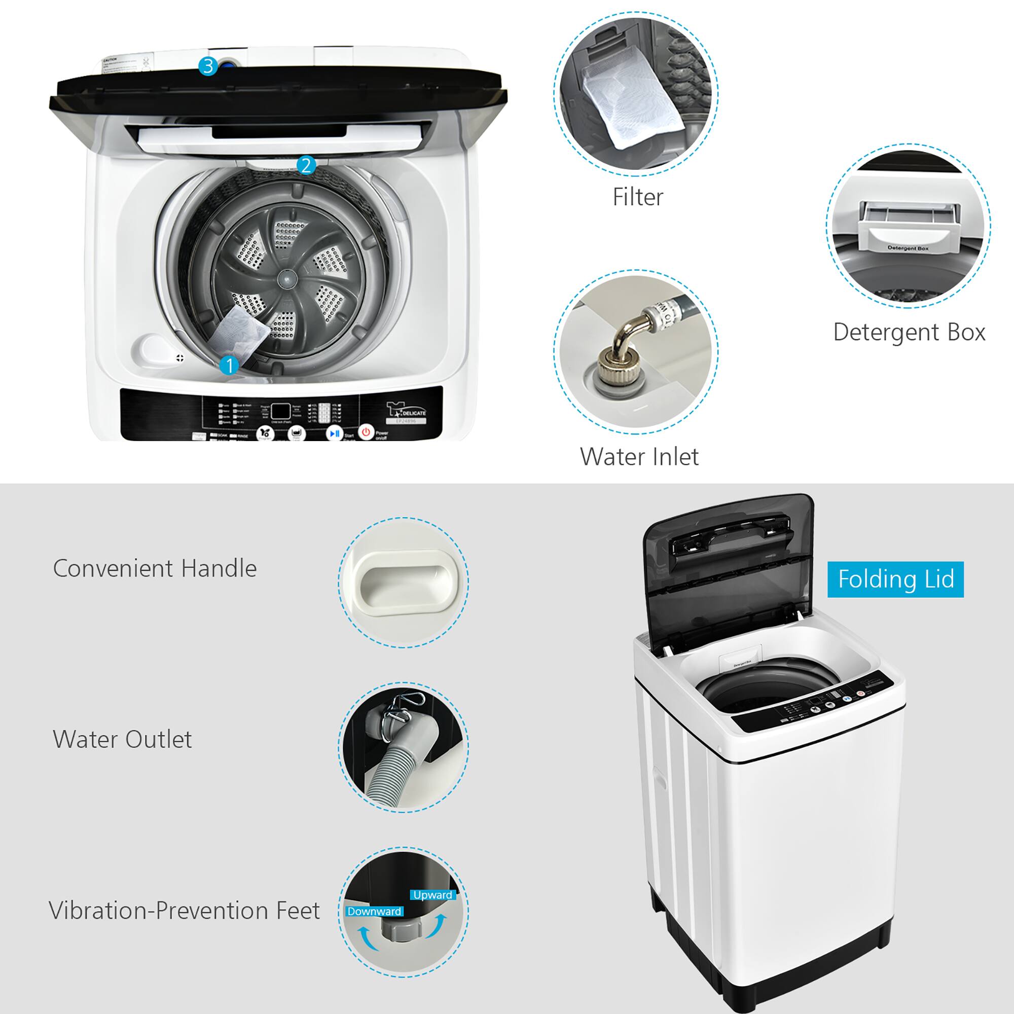 The image shows a washing machine with a folding lid and a water inlet. The machine also has a convenient handle and a detergent box. The machine is designed to prevent vibrations and has an upward water outlet.