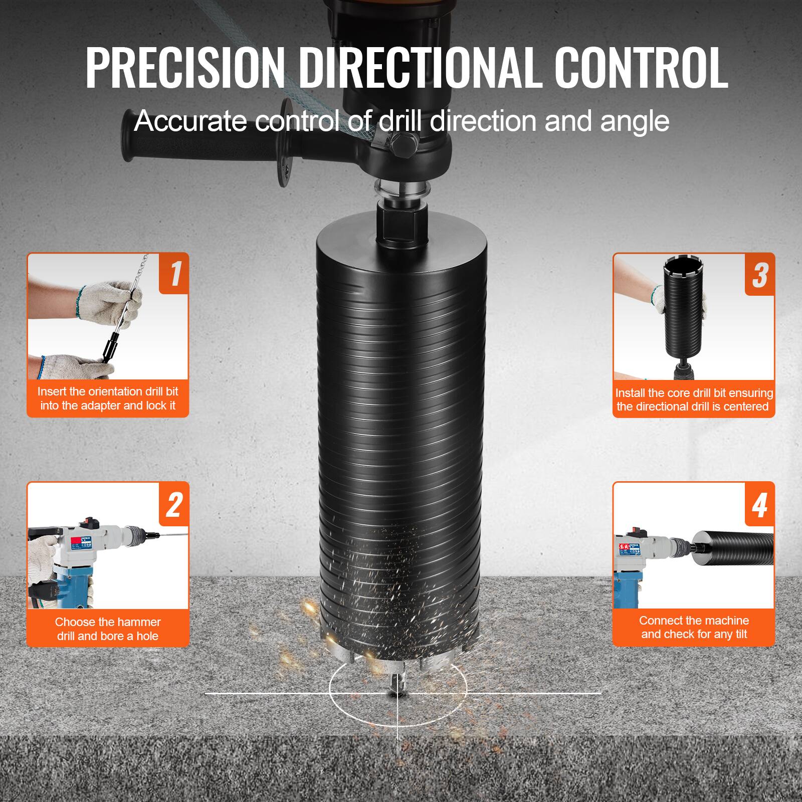 **PRECISION DIRECTIONAL CONTROL**  
Accurate control of drill direction and angle

1. Insert the orientation drill bit into the adapter and lock it
2. Choose the hammer drill and bore a hole
3. Install the core drill bit ensuring the directional drill is centered
4. Connect the machine and check for any tilt